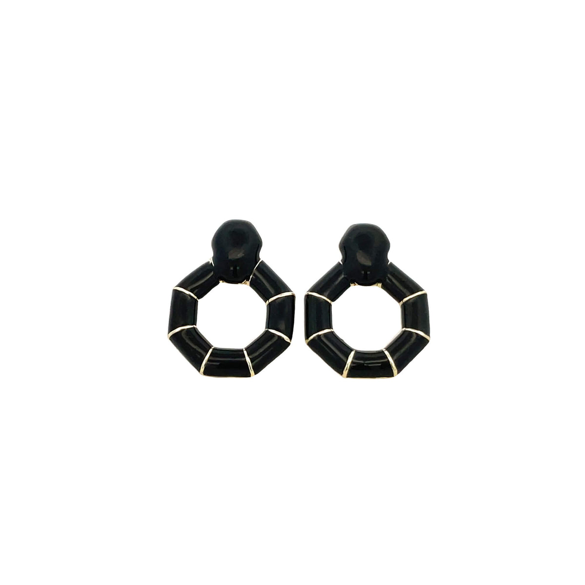 A pair of statement geometric black enamel hoop earrings featuring segmented gold trim and matching black stud tops.
