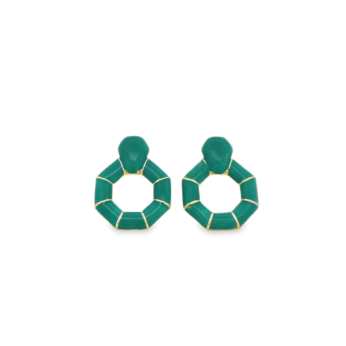 A pair of green enamel geometric statement earrings features gold trim against a clean white background.