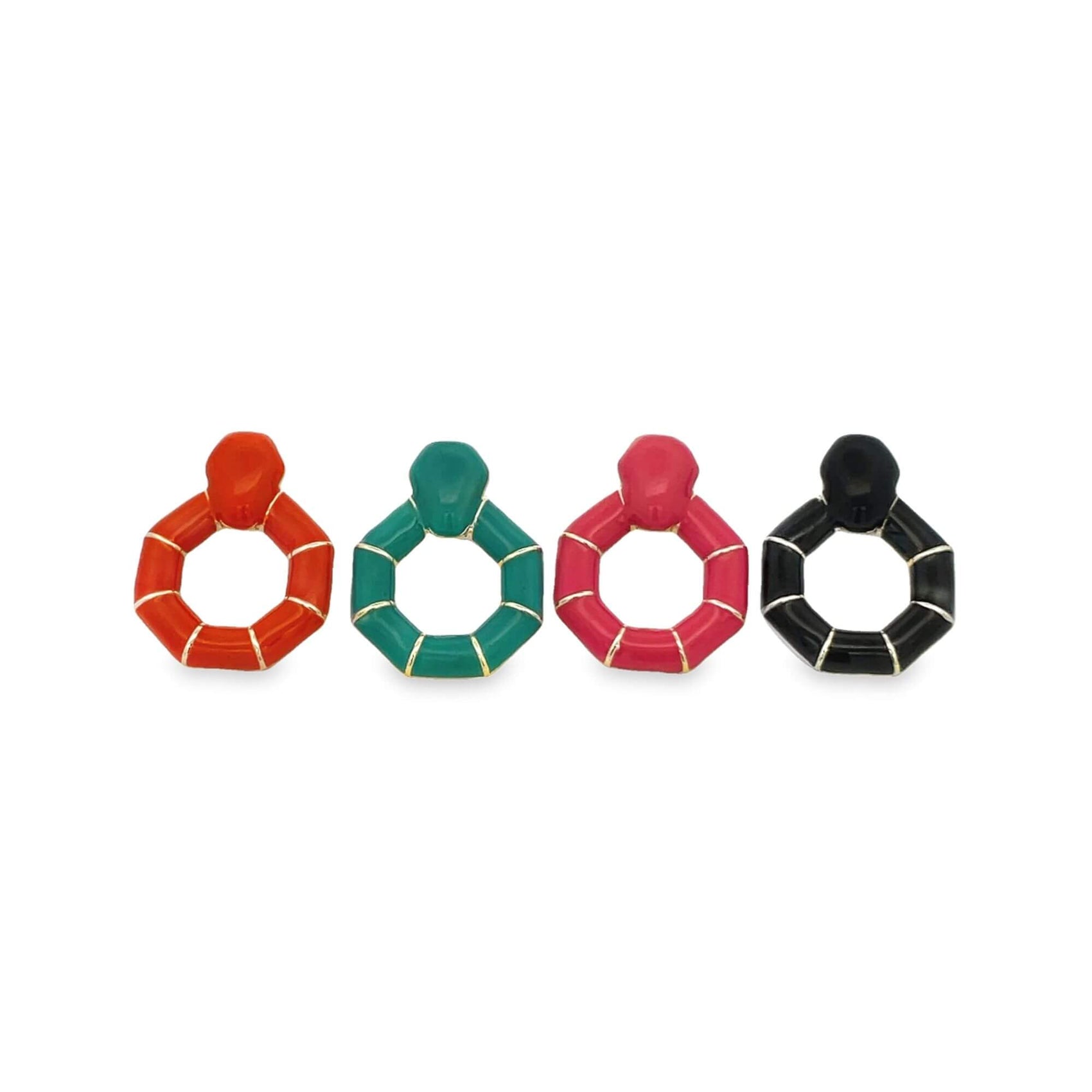 Four colorful enamel hoop earrings in orange, green, pink, and black sit lined up on a white background.