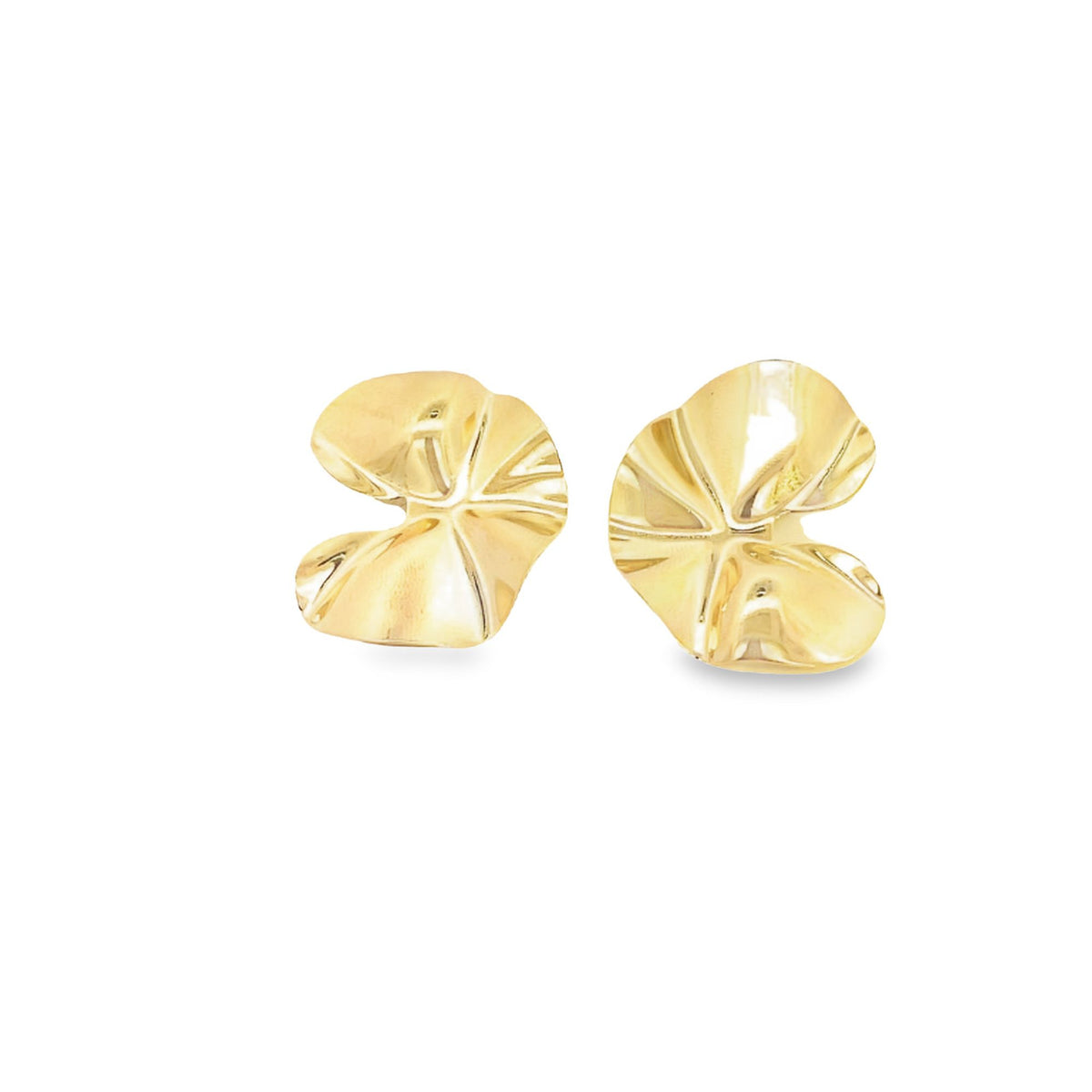 A pair of glossy gold stud earrings features an abstract, folded petal design against a clean white background.