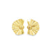 A pair of gold earrings featuring fan-shaped pleated designs with central spherical studs rests against a clean white background.