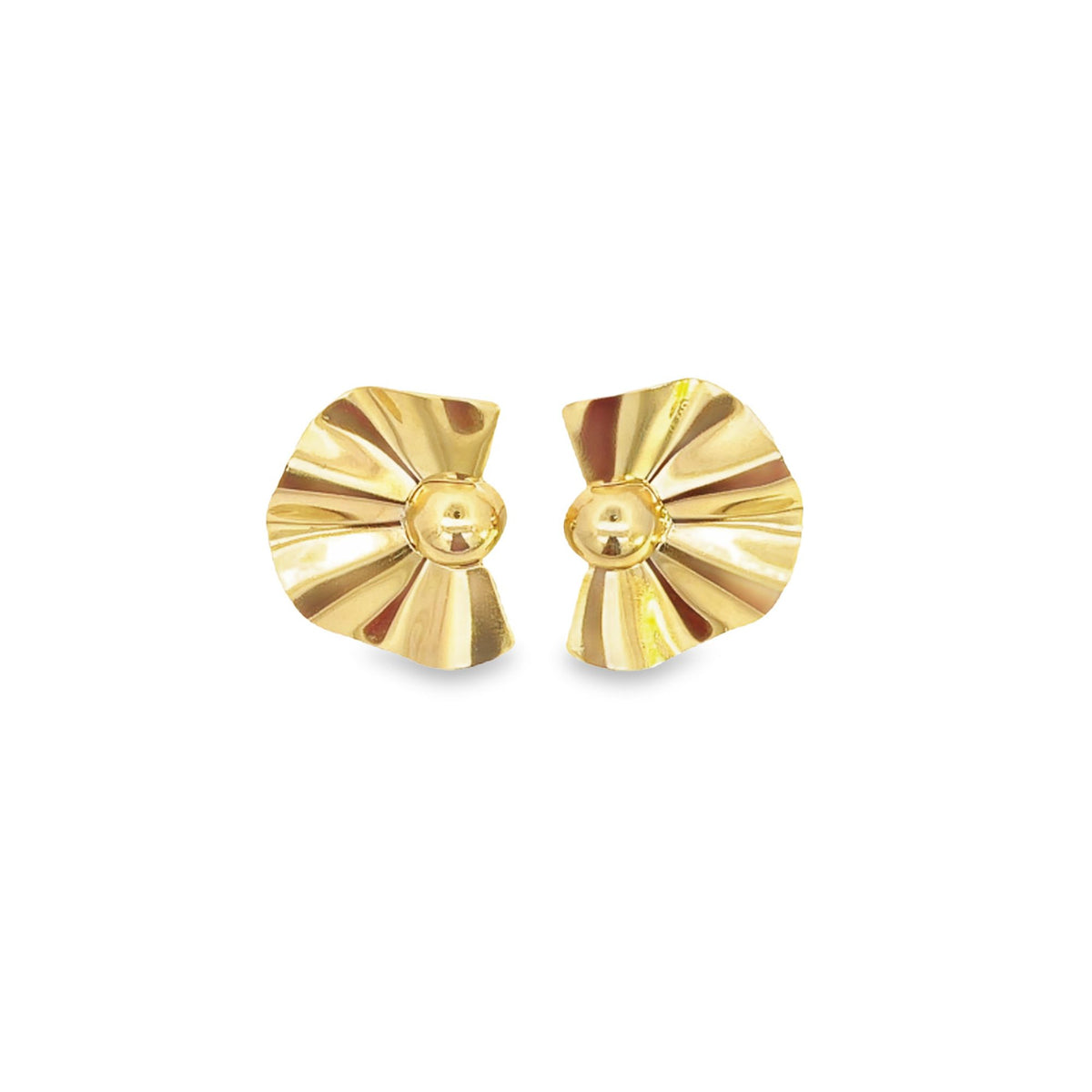 A pair of shiny gold fan-shaped earrings rests against a clean white background.