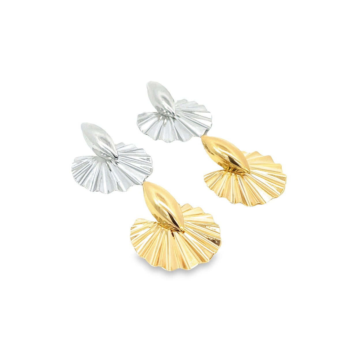 A pair of mixed-metal earrings features textured fan-shaped drops with silver and gold-toned finishes.