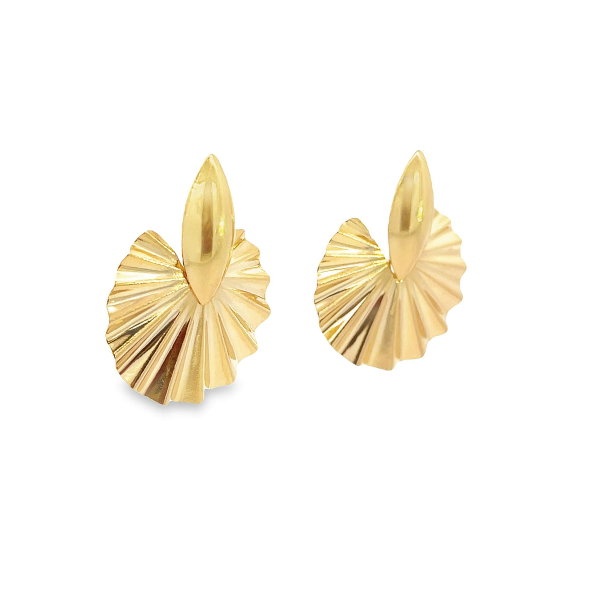 A pair of elegant gold earrings featuring a fan-shaped, pleated design paired with a smooth top piece rests against a clean white background.