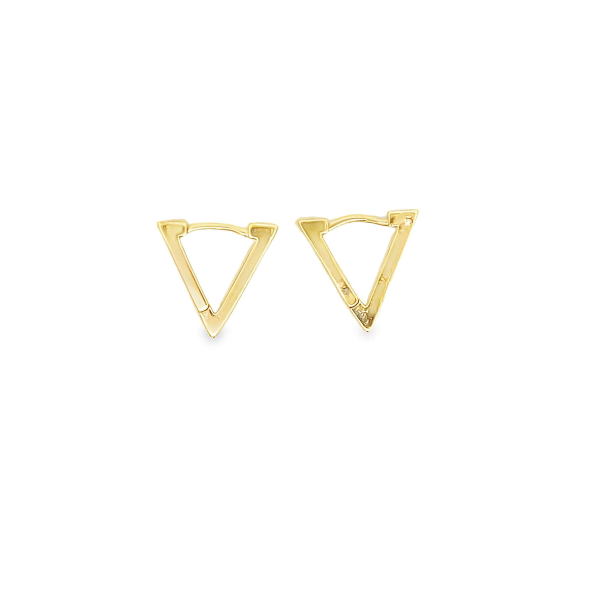 A pair of minimalist gold triangle hoop earrings rests against a clean white background.