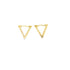 A pair of minimalist gold triangle hoop earrings rests against a clean white background.