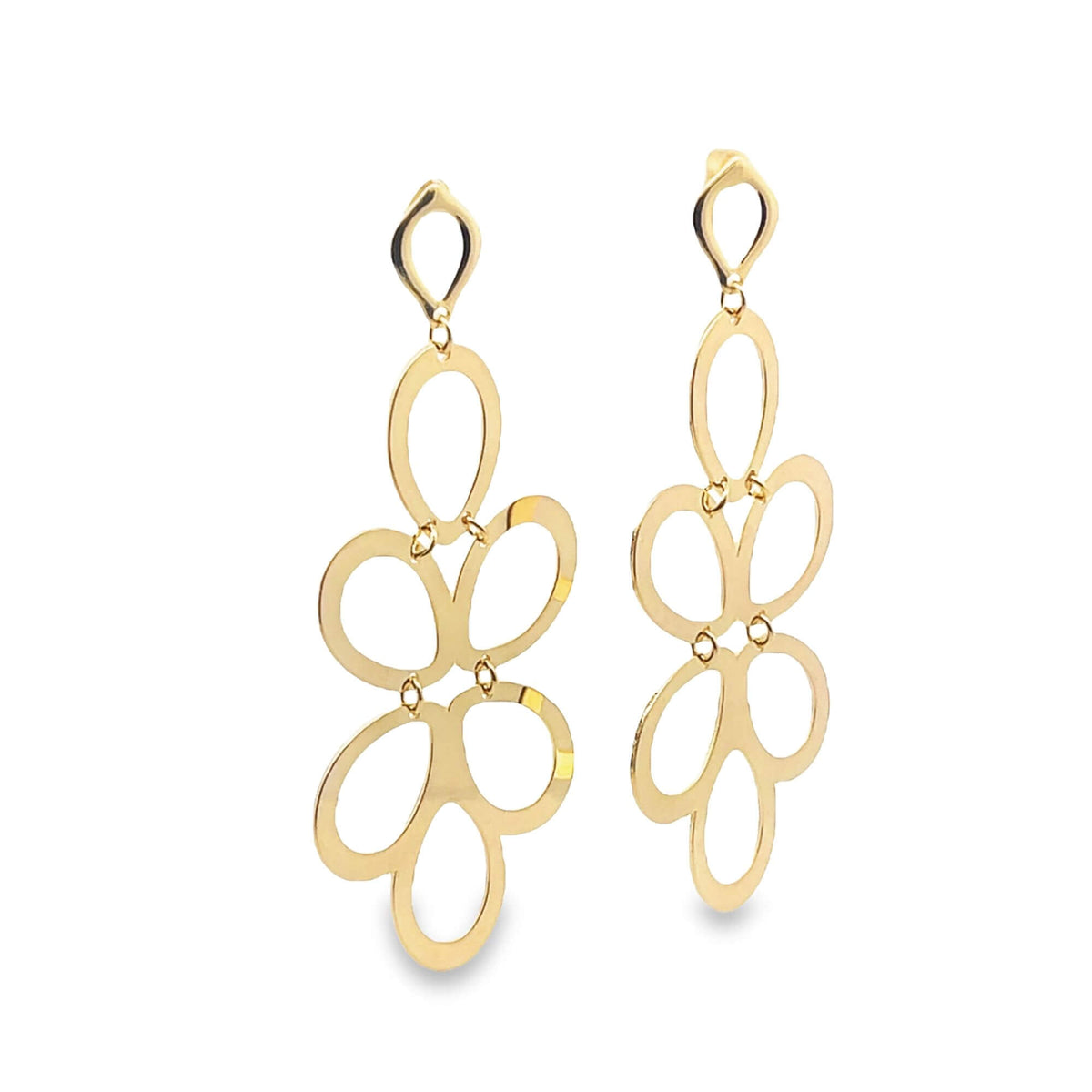 A pair of polished gold dangle earrings features a geometric design of interconnected open oval links against a white background.