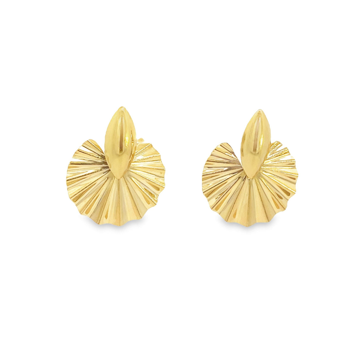A pair of polished gold fan-shaped earrings rests against a clean white background.