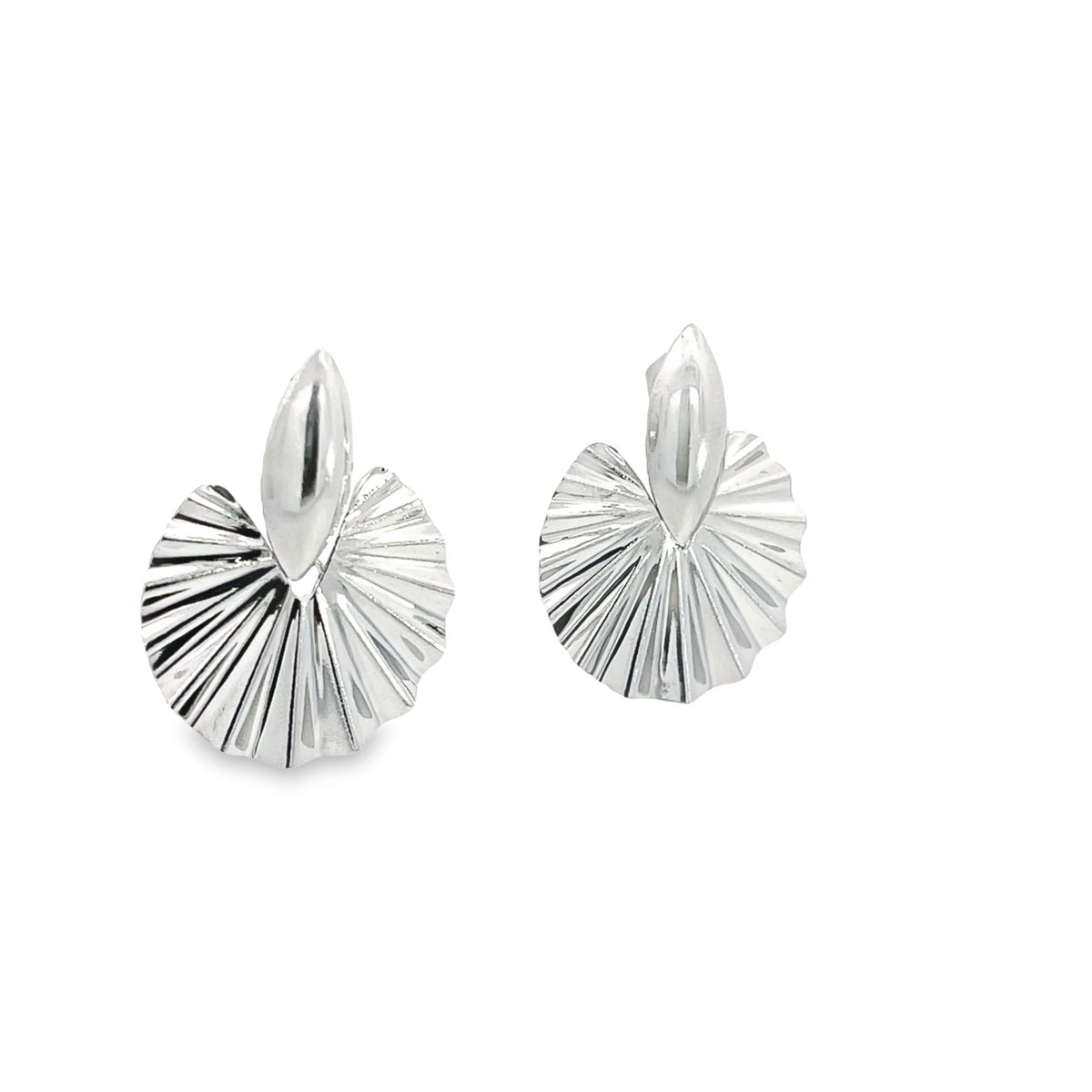 A pair of glossy silver statement earrings features a fan-shaped, pleated design topped with a smooth, pointed accent.