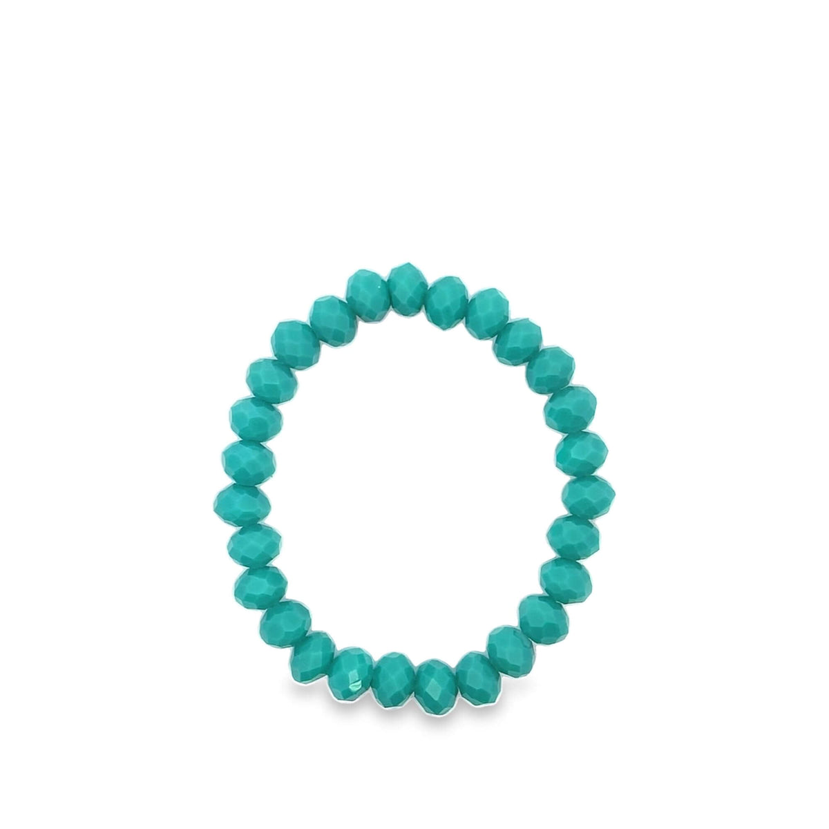 A vibrant turquoise beaded stretch bracelet displays faceted round crystals arranged in a circle against a white background.