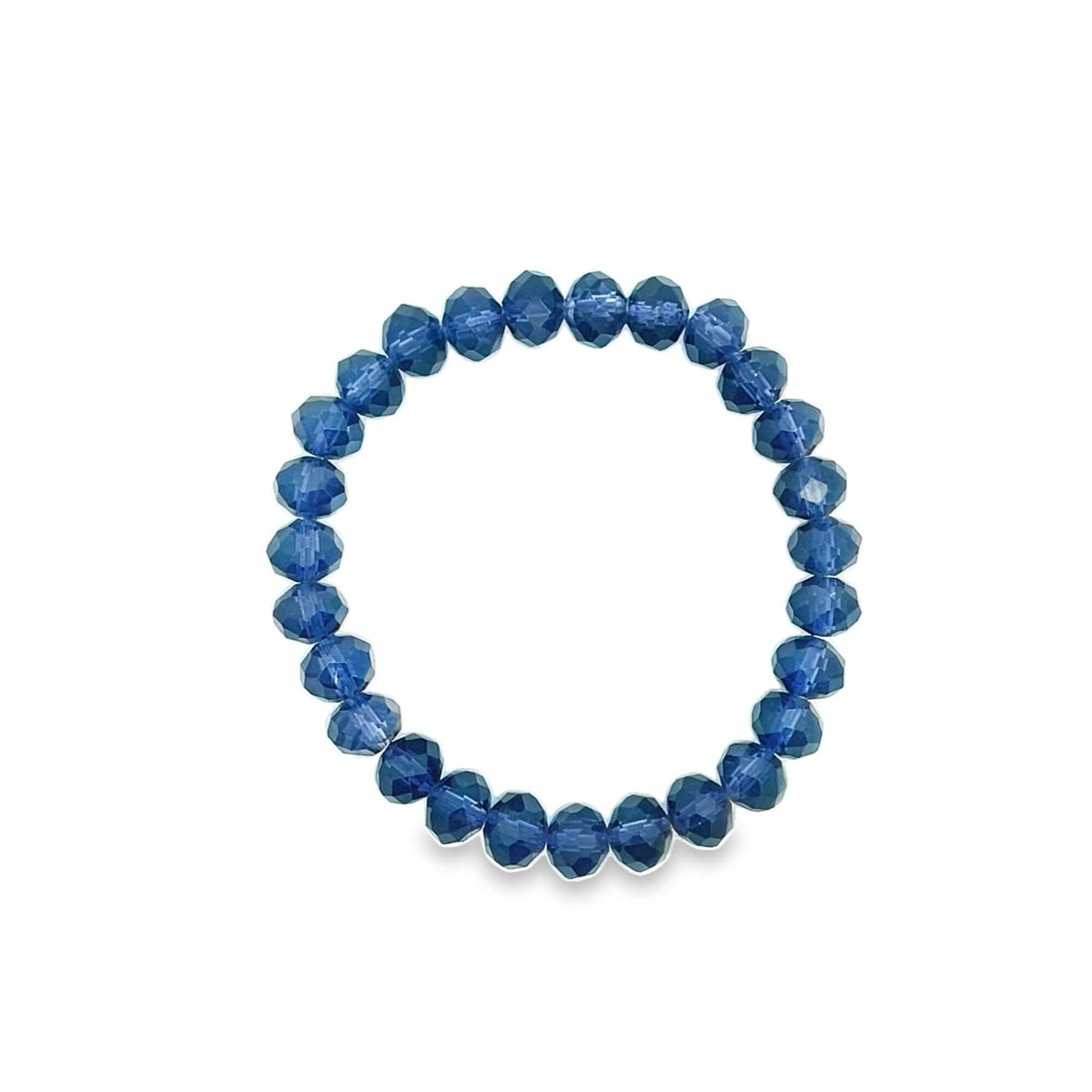 A stylish blue crystal beaded stretch bracelet rests against a clean white background.