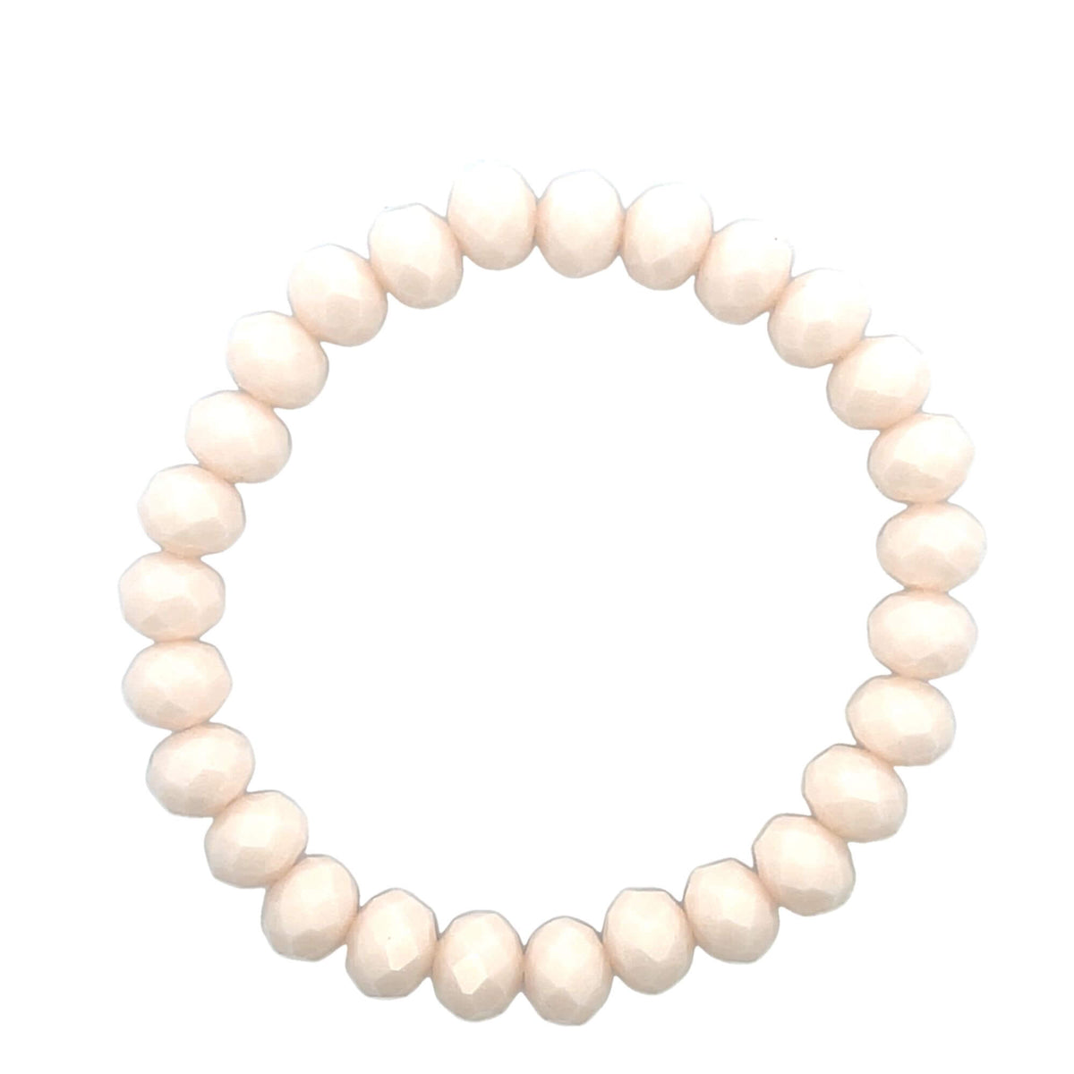 A pastel pink beaded stretch bracelet displays faceted crystal beads in a circular arrangement on a clean white background.