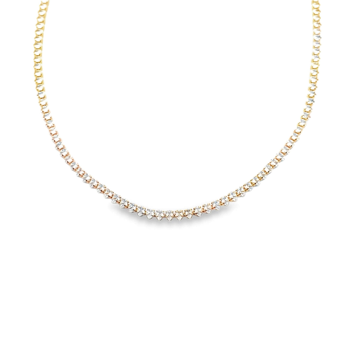 A delicate diamond tennis necklace sparkles gracefully against a clean white background.