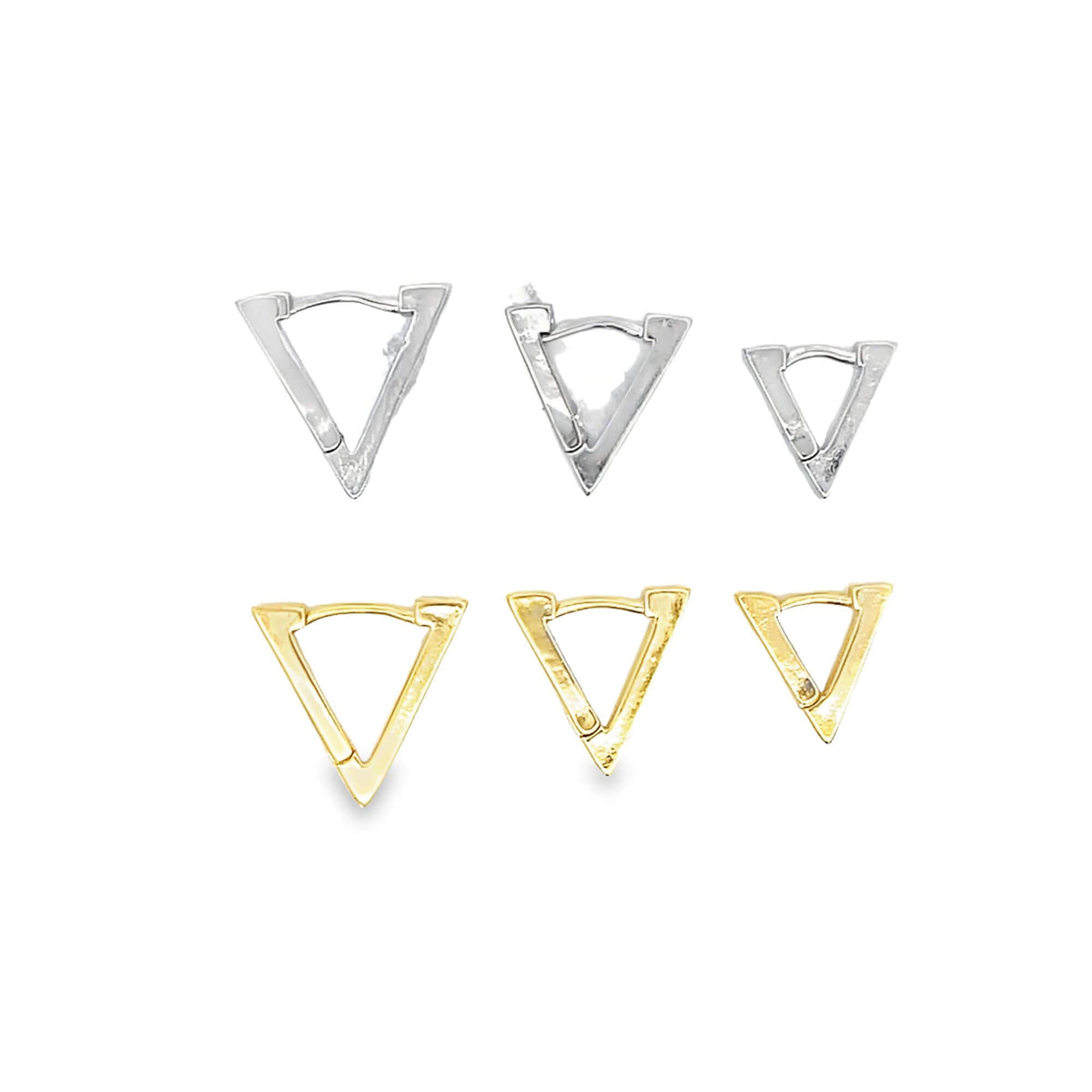 A collection of geometric triangular hoop earrings in silver and gold finishes displays modern minimalist style against a white background.