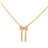 A delicate gold herringbone chain necklace features a sparkling diamond-encrusted bow pendant with dangling ribbons.