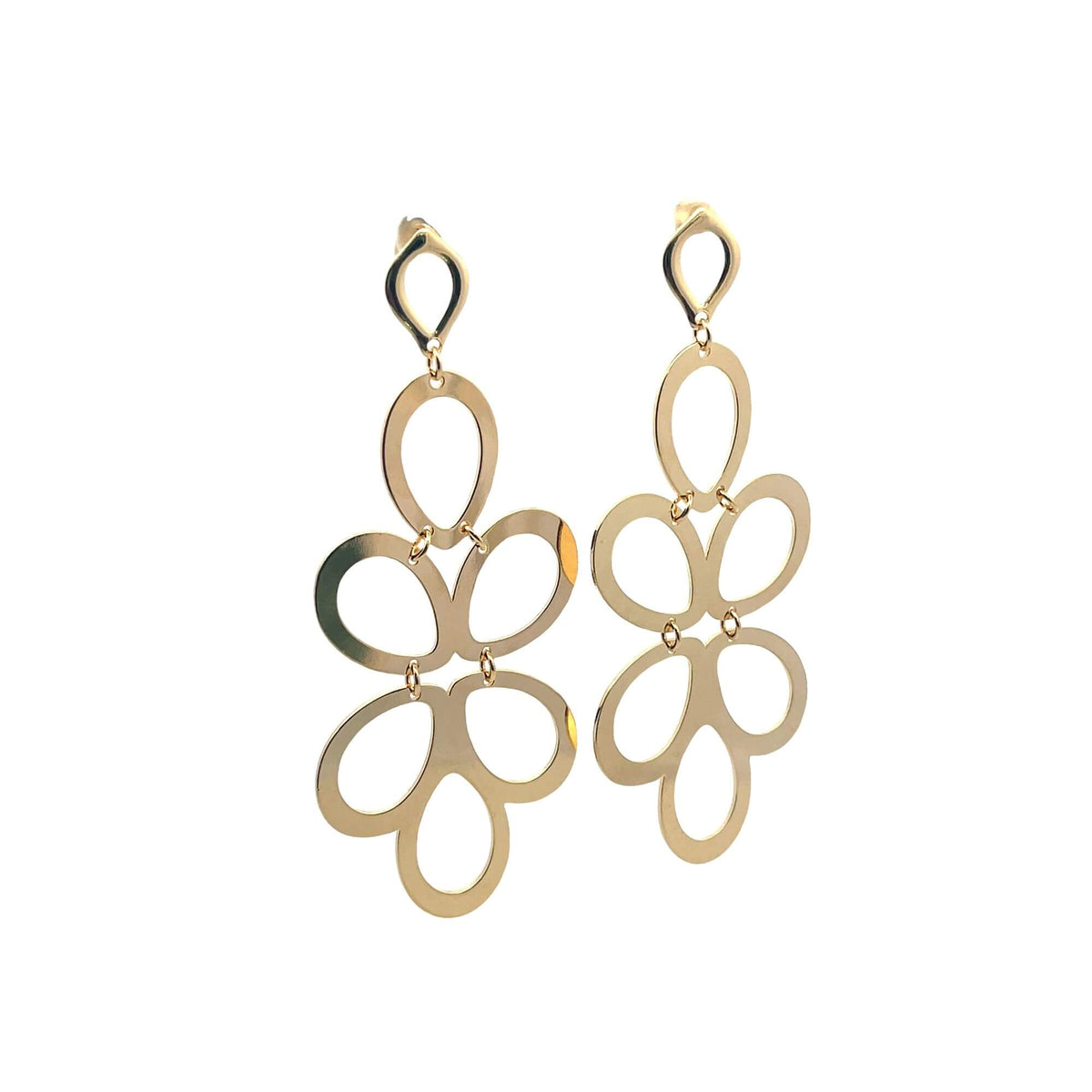 A pair of elegant gold-plated drop earrings features interlocking geometric loops suspended from diamond-shaped studs.