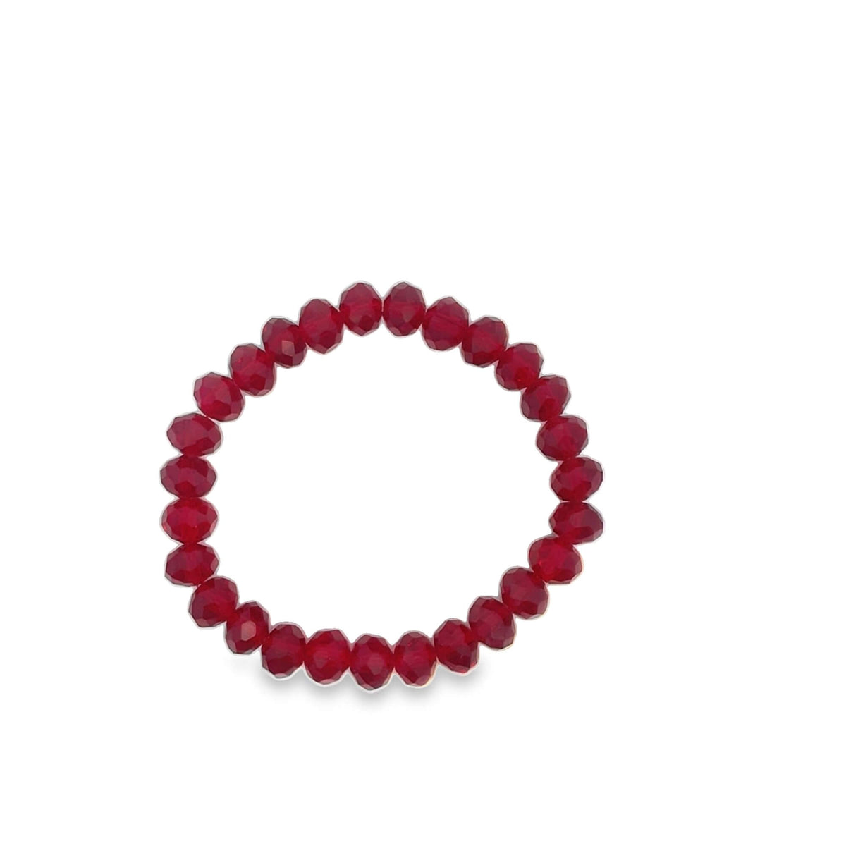 A vibrant red crystal beaded stretch bracelet forms a perfect circle against a clean white background.