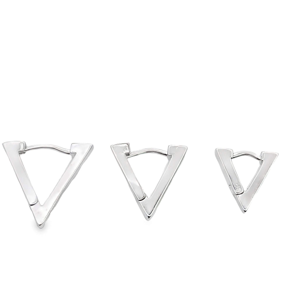 Three silver triangle hoop earrings are arranged in descending size order from left to right against a plain white background.