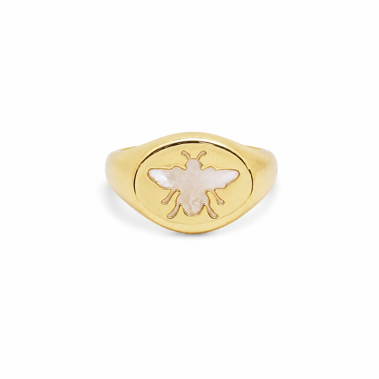 Elegant bee signet ring featuring a genuine Mother of Pearl inlay. Available in Gold Filled and Rhodium finishes with a timeless oval design perfect for everyday wear.