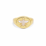 Elegant bee signet ring featuring a genuine Mother of Pearl inlay. Available in Gold Filled and Rhodium finishes with a timeless oval design perfect for everyday wear.