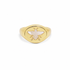 A gold signet ring features an engraved mother-of-pearl bee motif centered on its oval face.