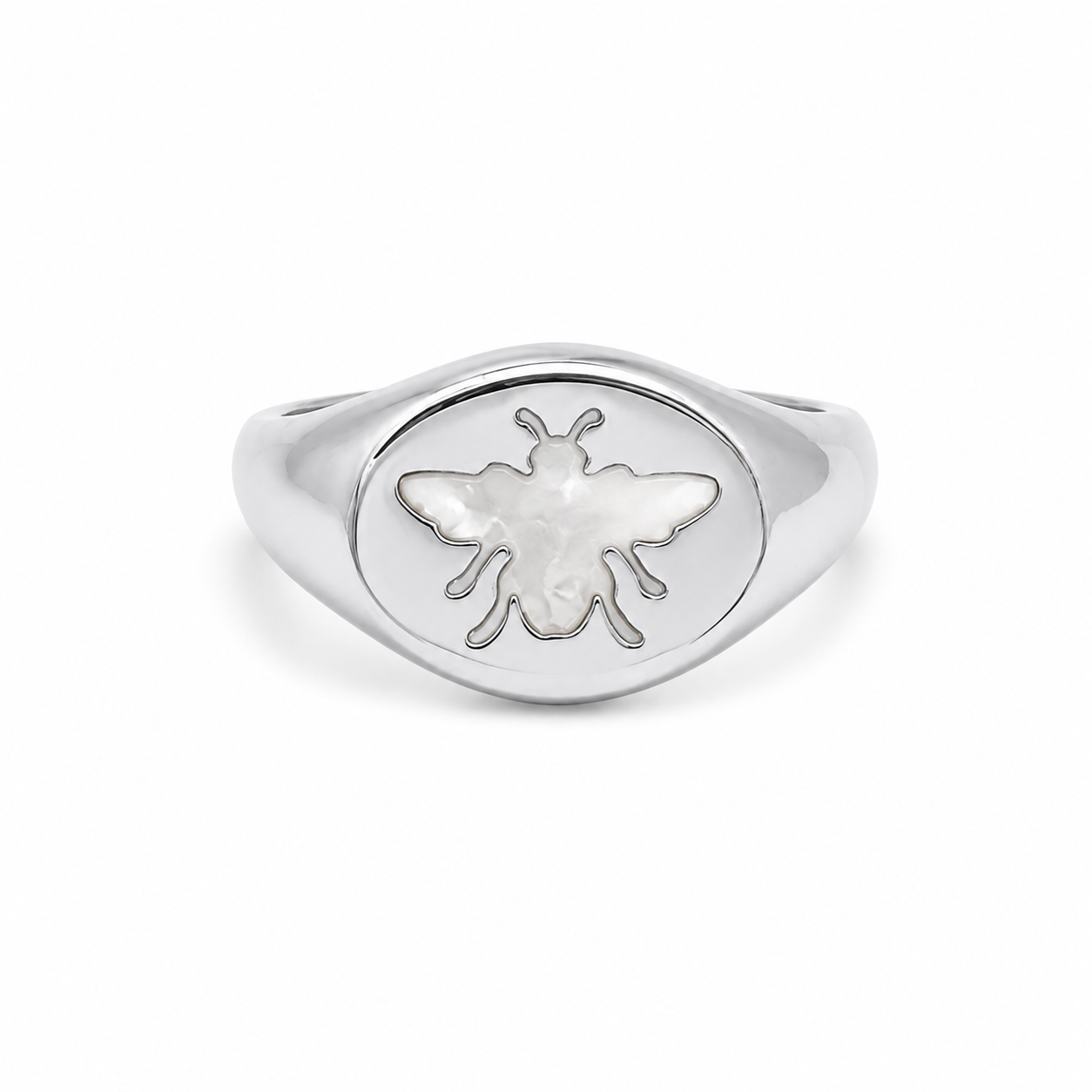 Elegant bee signet ring featuring a genuine Mother of Pearl inlay. Available in Gold Filled and Rhodium finishes with a timeless oval design perfect for everyday wear.