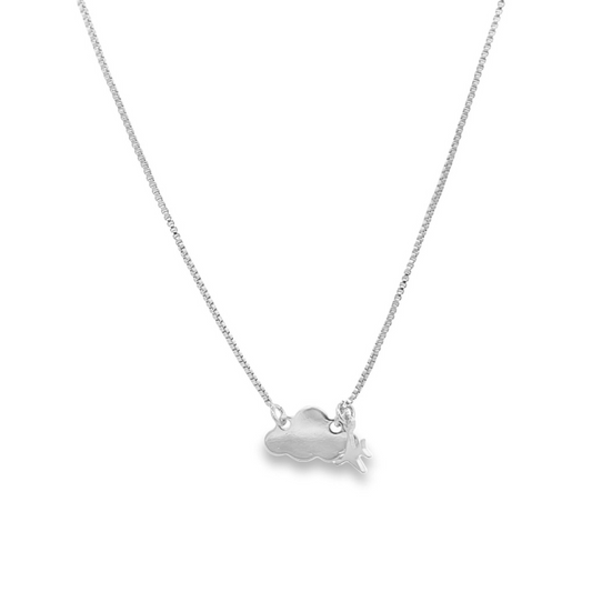 A delicate silver box chain necklace features a charming cloud and airplane pendant dangling as a cute travel-inspired silver jewelry piece.