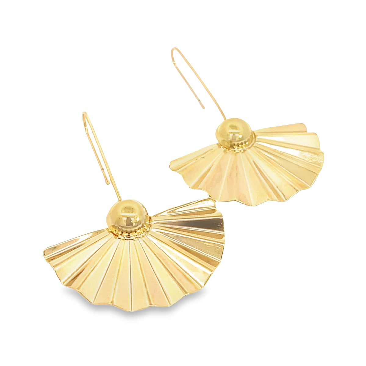 A pair of elegant gold fan-shaped drop earrings with a textured, pleated design dangle against a white background.
