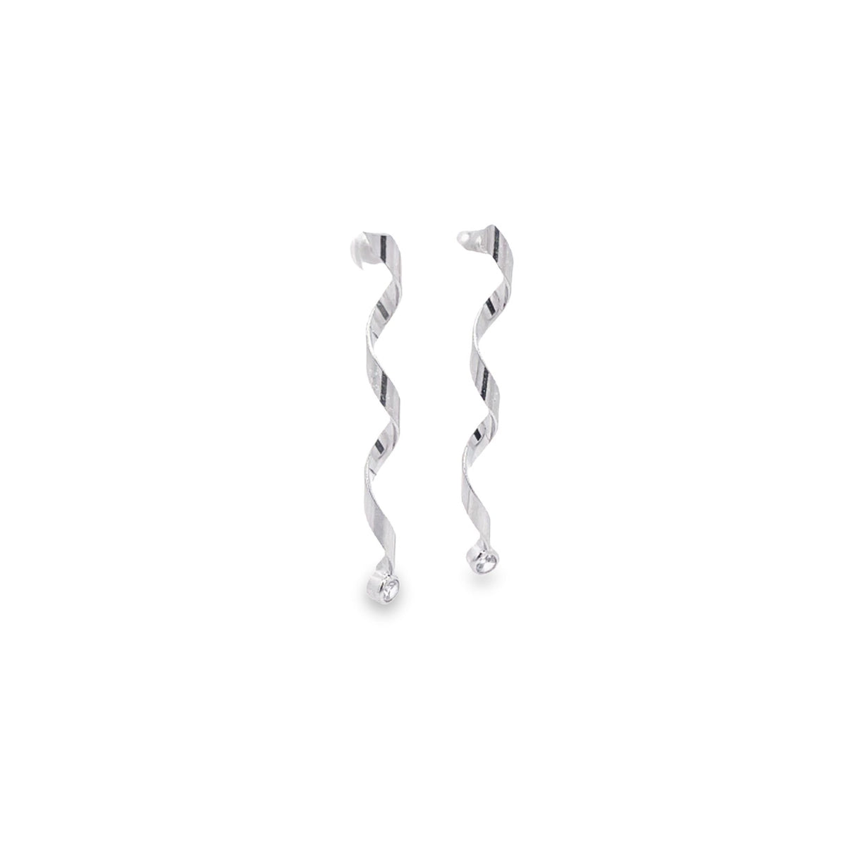 A pair of elegant silver spiral dangle earrings feature sparkling cubic zirconia stones at the bottom against a clean white background.