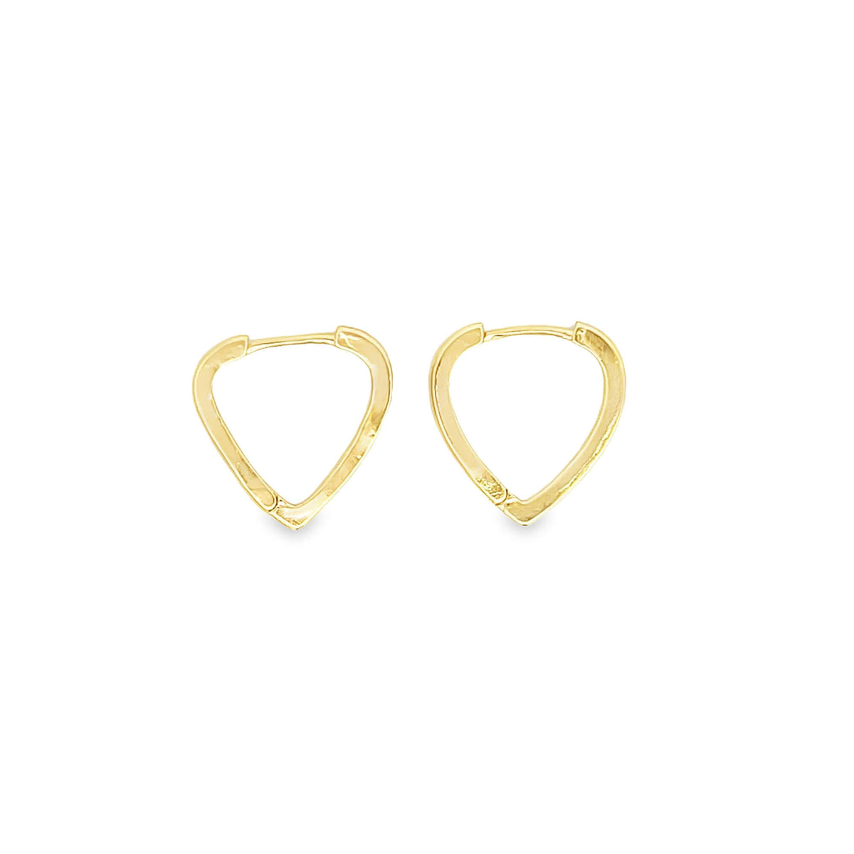 A pair of elegant gold heart-shaped hoop earrings rests against a clean white background.