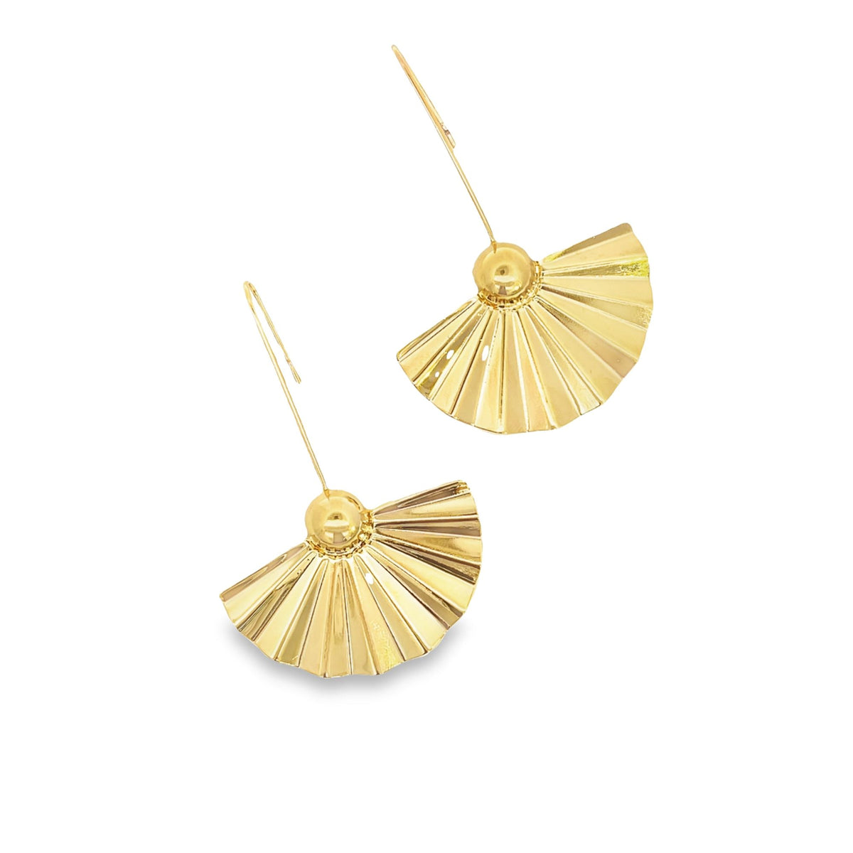 A pair of shiny gold fan-shaped drop earrings hangs against a clean white background.