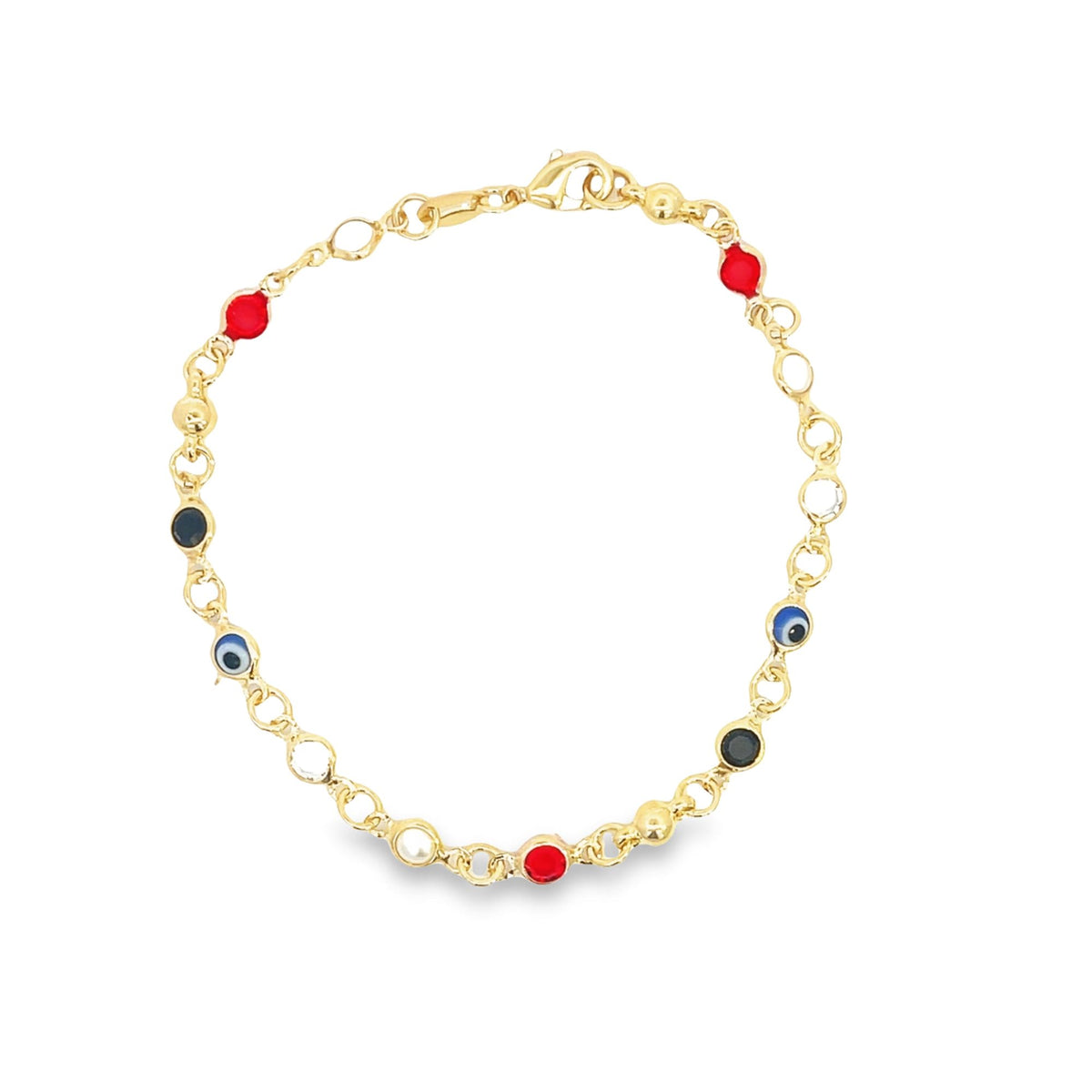 A delicate gold link bracelet features colorful enamel beads, including red stones and blue evil eye charms.
