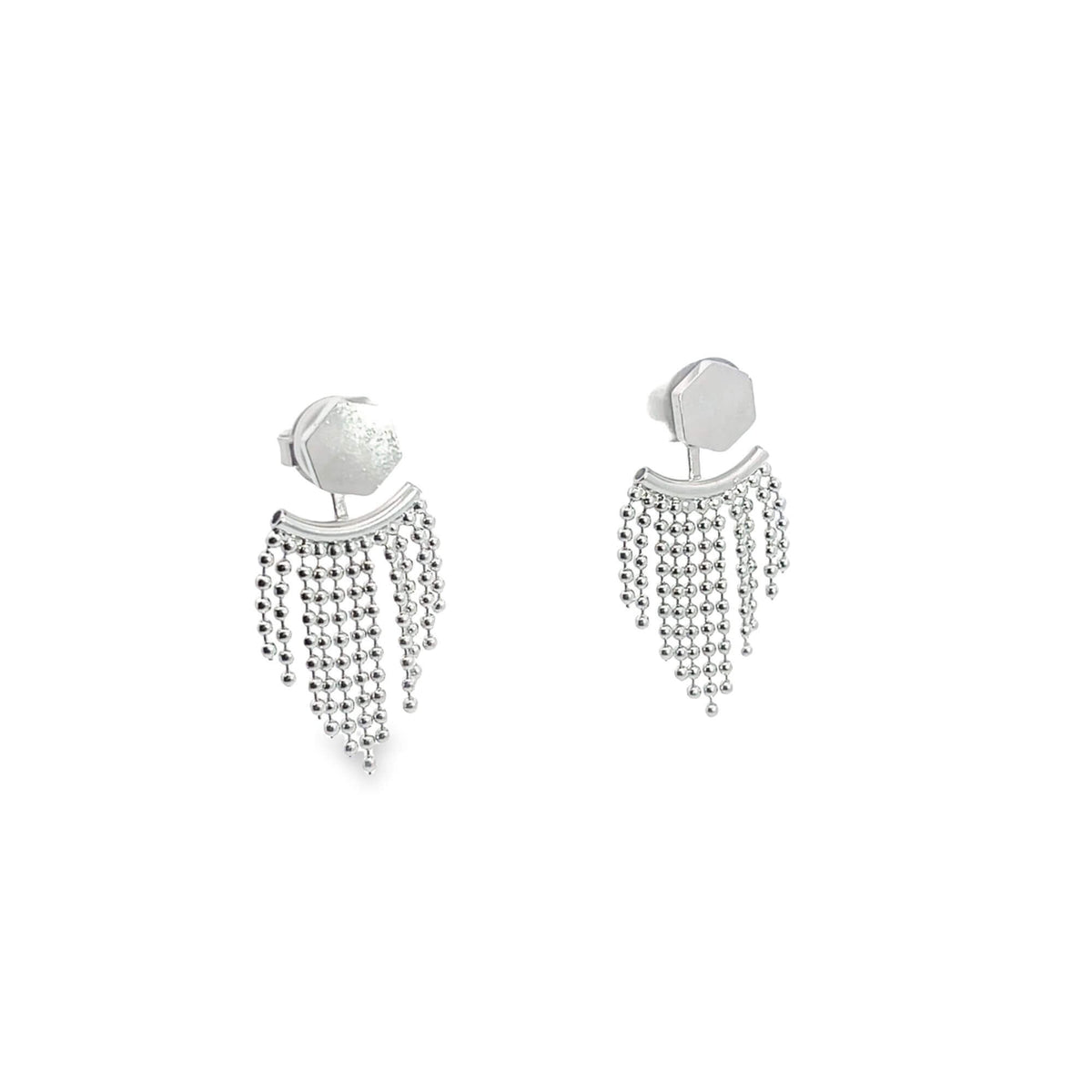 A pair of silver statement earrings featuring geometric hexagon studs with cascading beaded fringe chains.