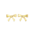 A pair of polished gold bow stud earrings rest against a clean white background.