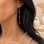 Modern drop earrings featuring a sleek herringbone chain accented with sparkling Cubic Zirconia. Available in Gold Filled and Rhodium finishes, offering a lightweight, elegant, and contemporary design.