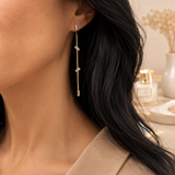 Modern drop earrings featuring a sleek herringbone chain accented with sparkling Cubic Zirconia. Available in Gold Filled and Rhodium finishes, offering a lightweight, elegant, and contemporary design.