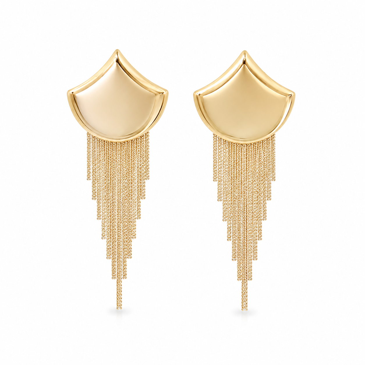 Elegant 18K gold filled fringe tassel earrings designed with cascading waterfall chains and a modern sculpted silhouette. Lightweight statement earrings perfect for weddings, parties, special occasions, and elevated everyday styling. Available in gold and silver finishes.