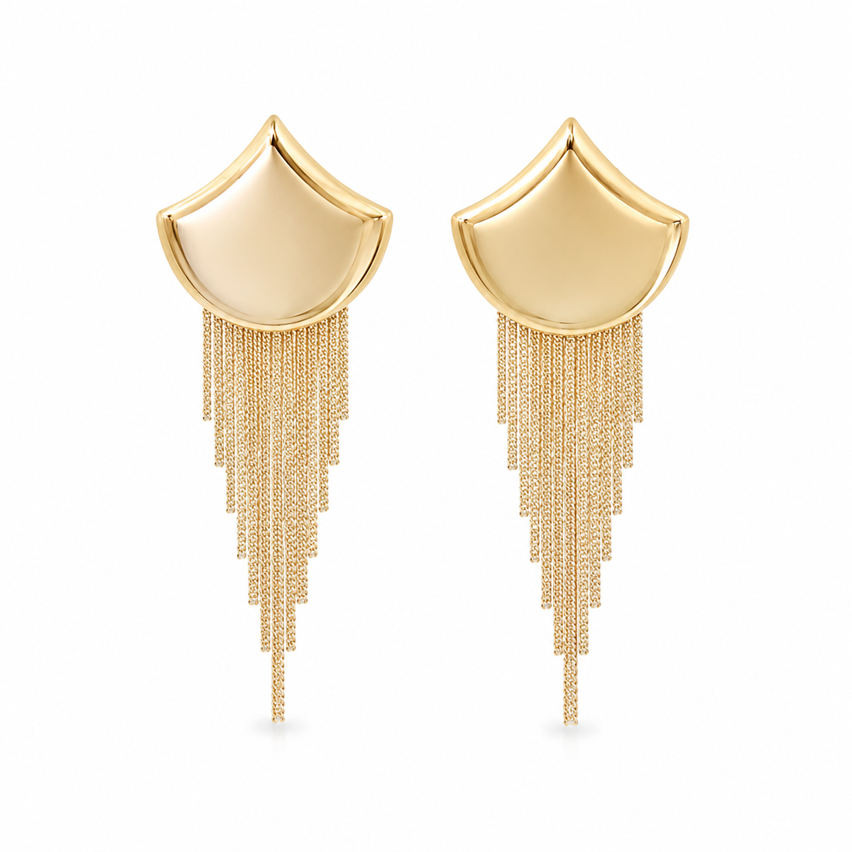 Elegant 18K gold filled fringe tassel earrings designed with cascading waterfall chains and a modern sculpted silhouette. Lightweight statement earrings perfect for weddings, parties, special occasions, and elevated everyday styling. Available in gold and silver finishes.