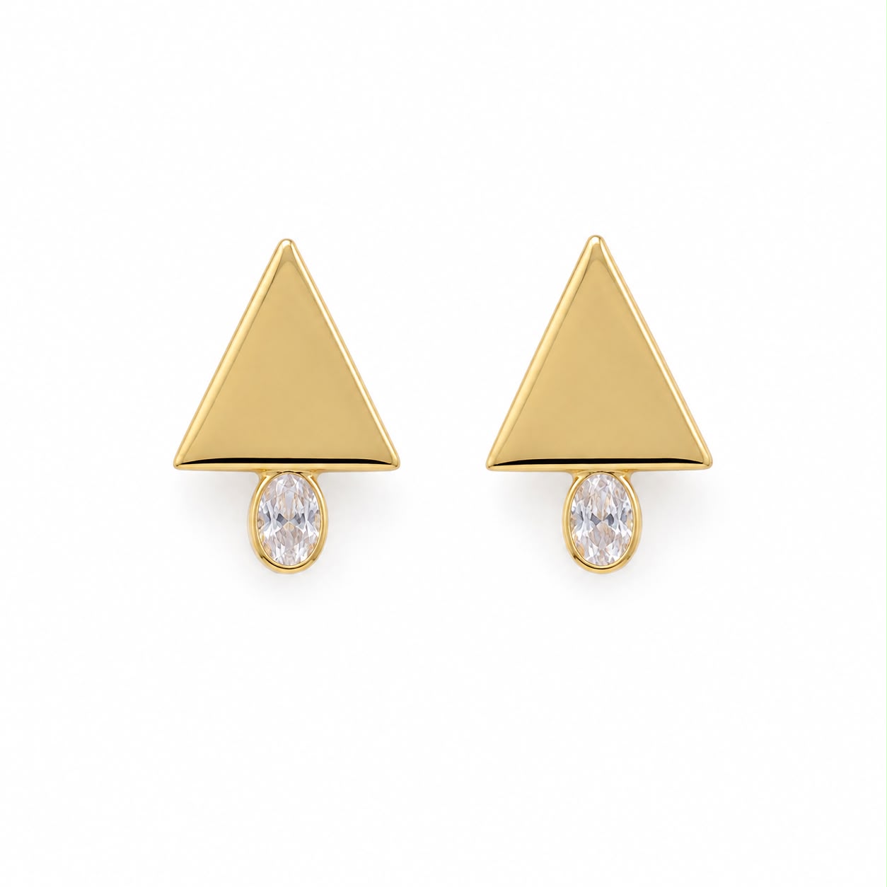 Shop geometric triangle stud earrings featuring sparkling oval CZ stones. Crafted in 18K Gold Filled and available in Gold and Rhodium finishes.