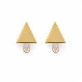Shop geometric triangle stud earrings featuring sparkling oval CZ stones. Crafted in 18K Gold Filled and available in Gold and Rhodium finishes.