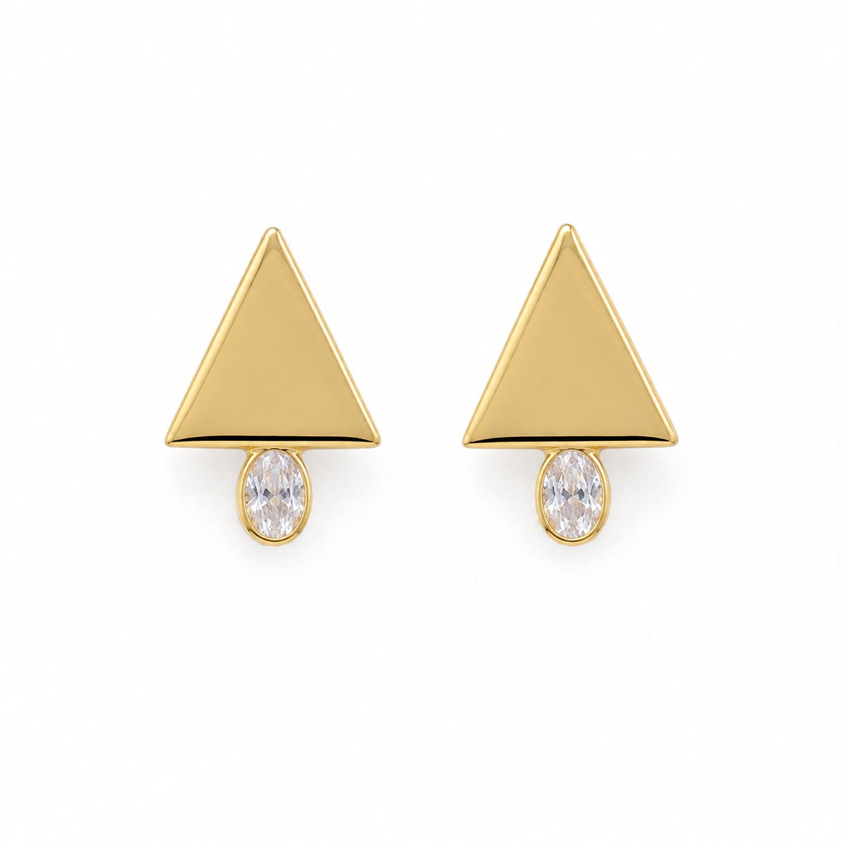 A pair of gold triangle-shaped stud earrings features a dangling marquise-cut crystal set against a clean white background.