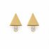 A pair of gold triangle-shaped stud earrings features a dangling marquise-cut crystal set against a clean white background.