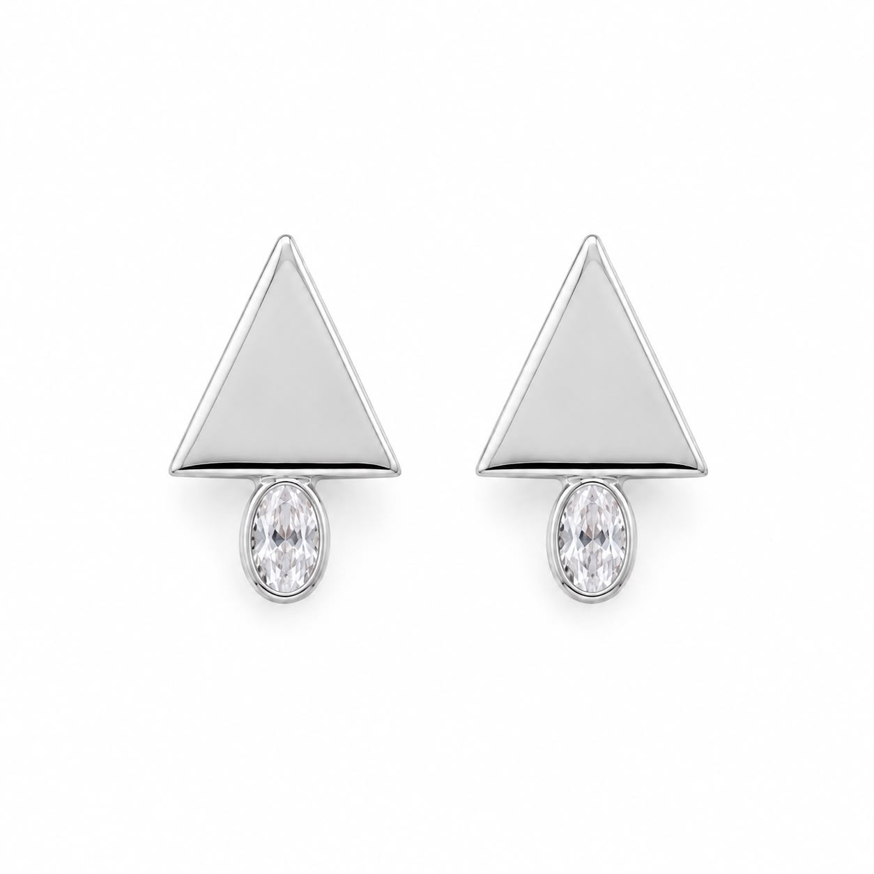 Shop geometric triangle stud earrings featuring sparkling oval CZ stones. Crafted in 18K Gold Filled and available in Gold and Rhodium finishes.