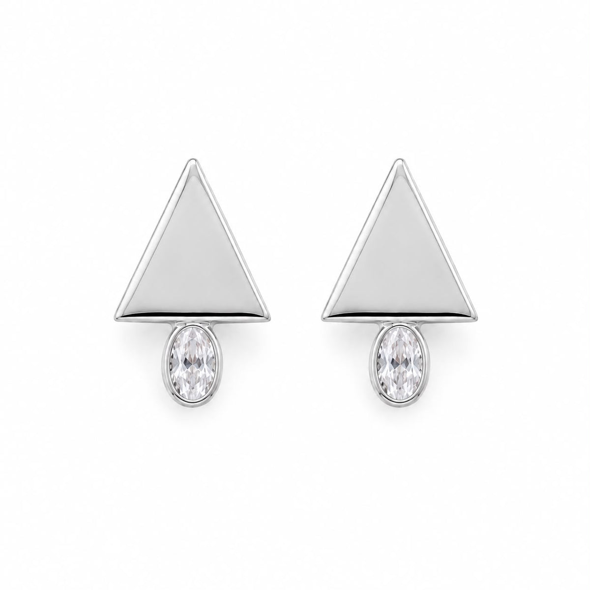 A pair of sterling silver triangle stud earrings features dangling oval-cut clear cubic zirconia stones against a clean white background.