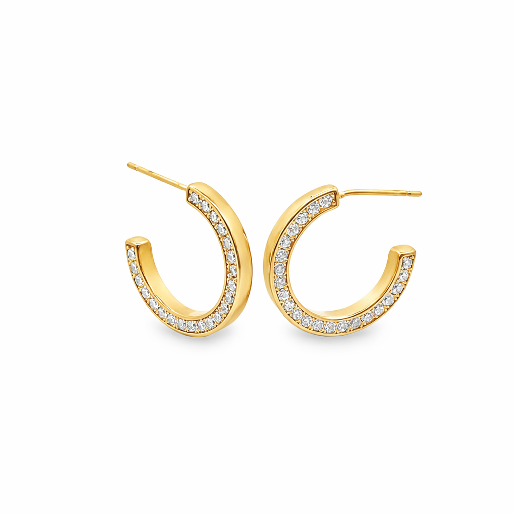Modern pavé open hoop earrings with CZ stones. Minimalist half hoop design Perfect for everyday wear or layering.