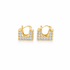 Modern square huggie hoop earrings with baguette-style CZ stones. Geometric U-shape design available in gold or silver. Perfect for stacking or everyday wear.