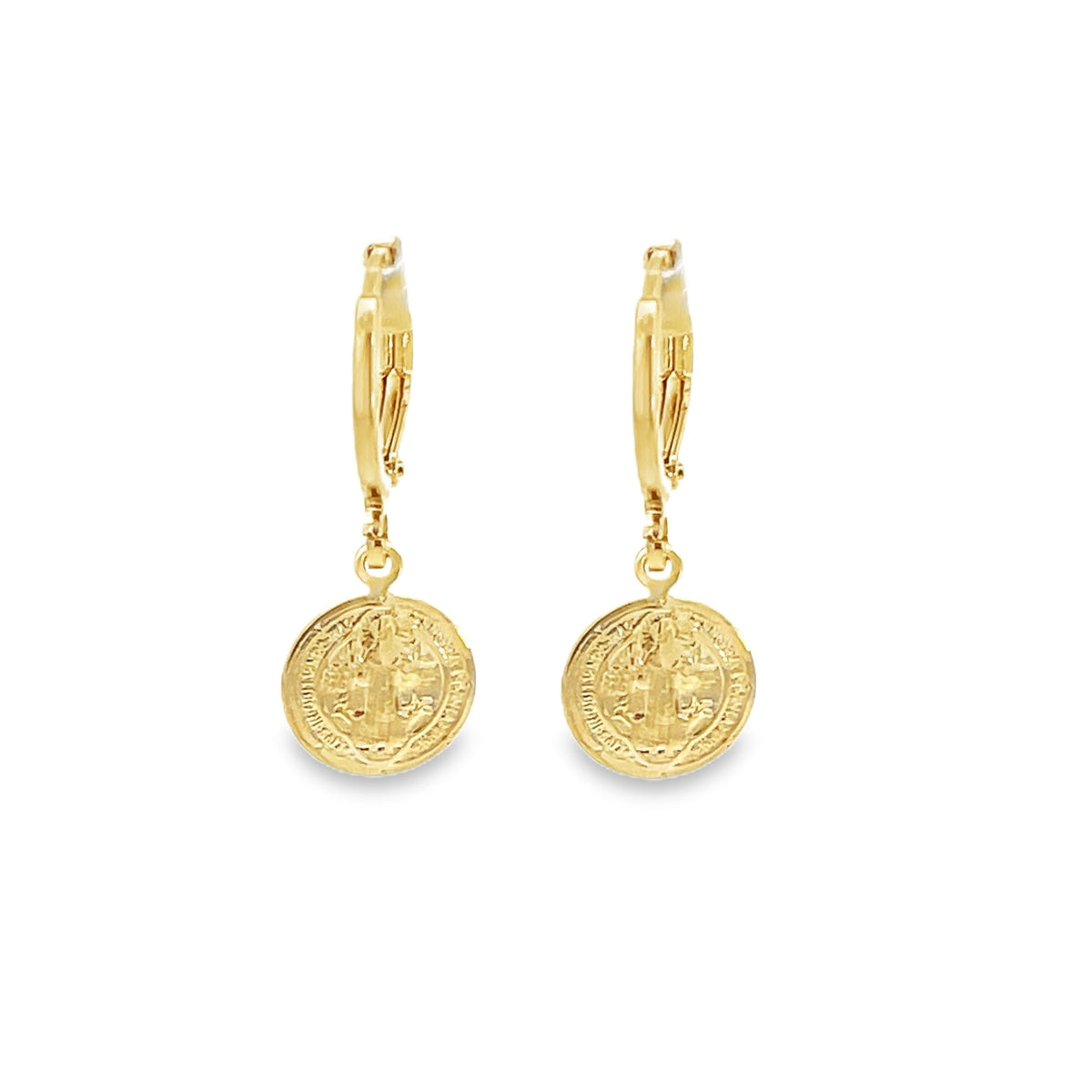 A pair of gold coin dangle earrings features intricately engraved circular charms hanging from secure leverback closures.