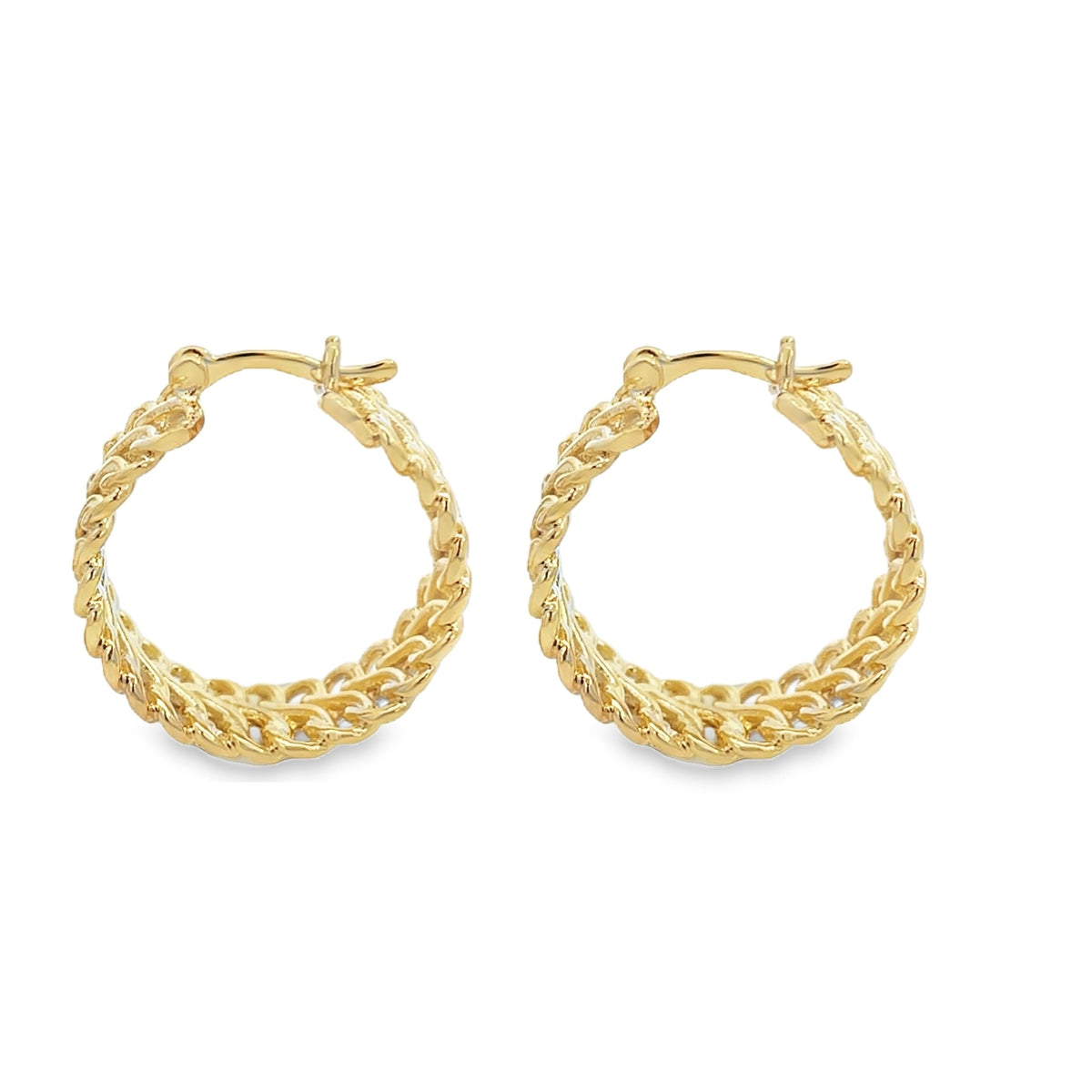 A pair of polished gold hoop earrings featuring an intricate chain-link design gleams against a white background.