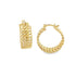 A pair of polished gold hoop earrings featuring an intricate interwoven chain design display against a plain white background.