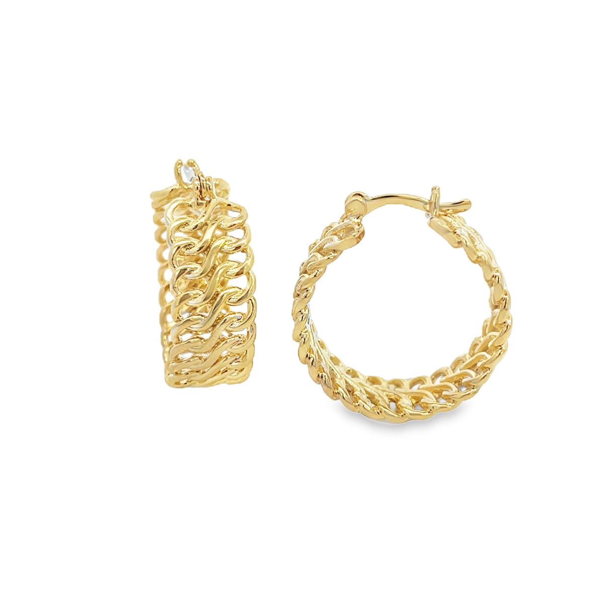 A pair of textured gold hoop earrings displays an intricate woven link design against a white background.